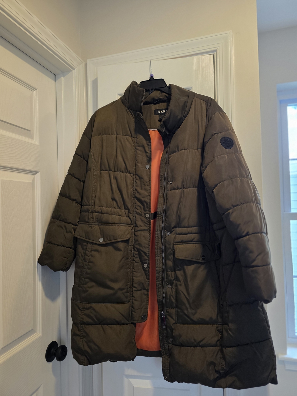 DKNY Olive Green Puffer Coat - Women's Long Quilted Jacket
